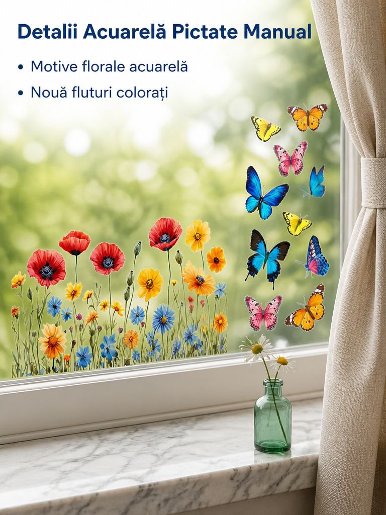 Autocolant autoadeziv transparent pentru sticlă cu model floral