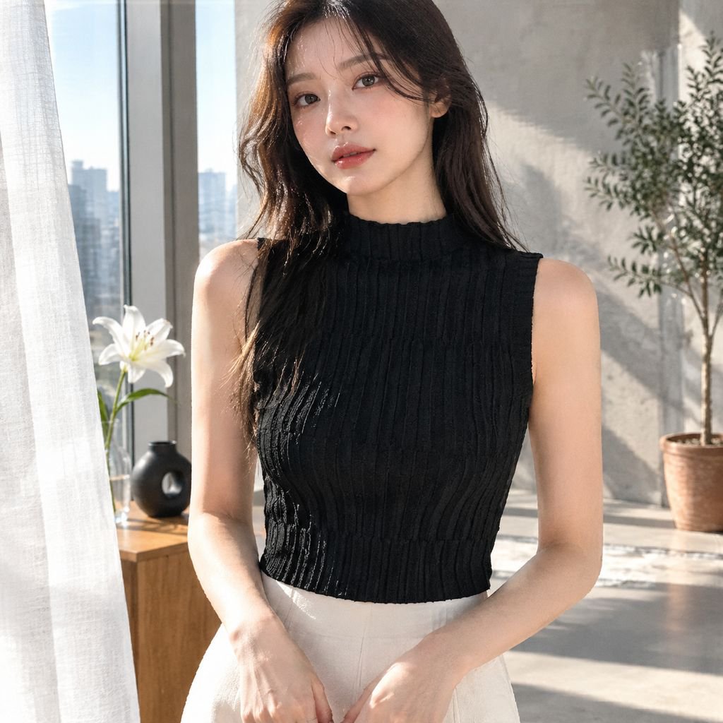夏新作レトロハイネックスリムフィットニットトップス（女性用、ノースリーブ、万能ベースレイヤーベスト）