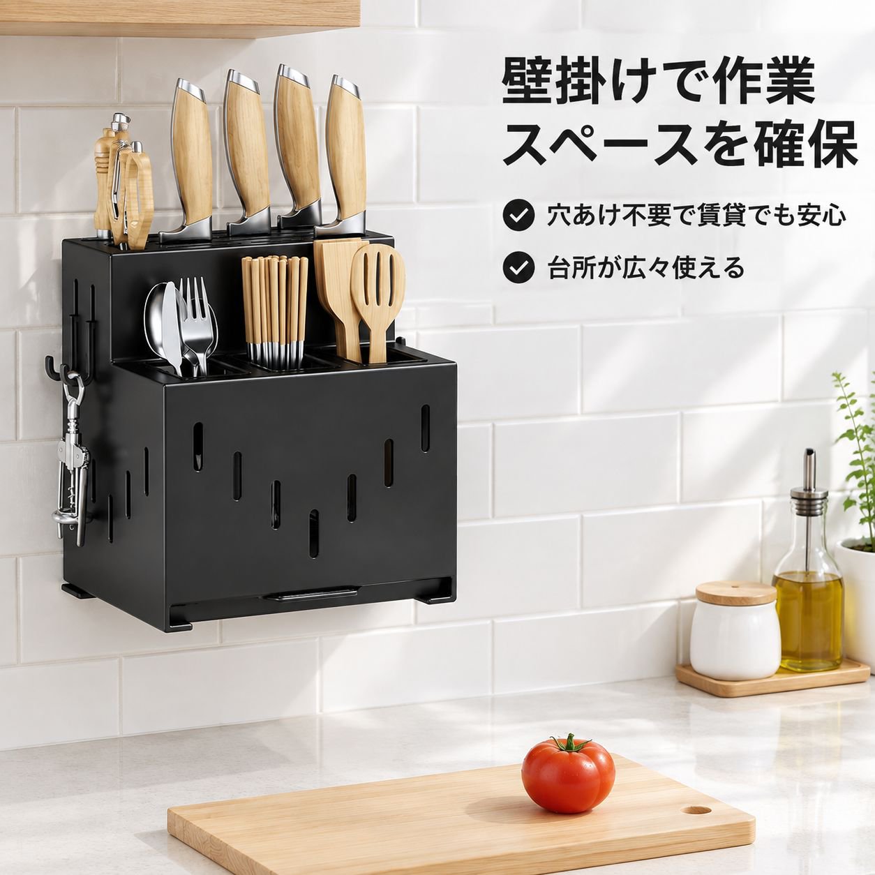 穴あけ不要の壁掛け式キッチンカウンター用炭素鋼製包丁・箸ラック
