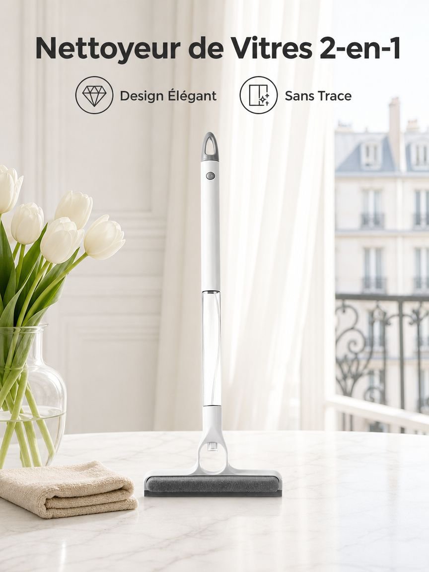 Nettoyeur de vitres double face avec pulvérisateur et raclette allongée
