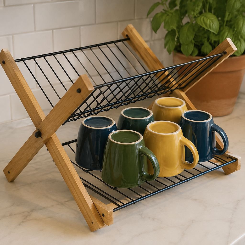 Eco-friendly bamboo dish rack holding plates and cups