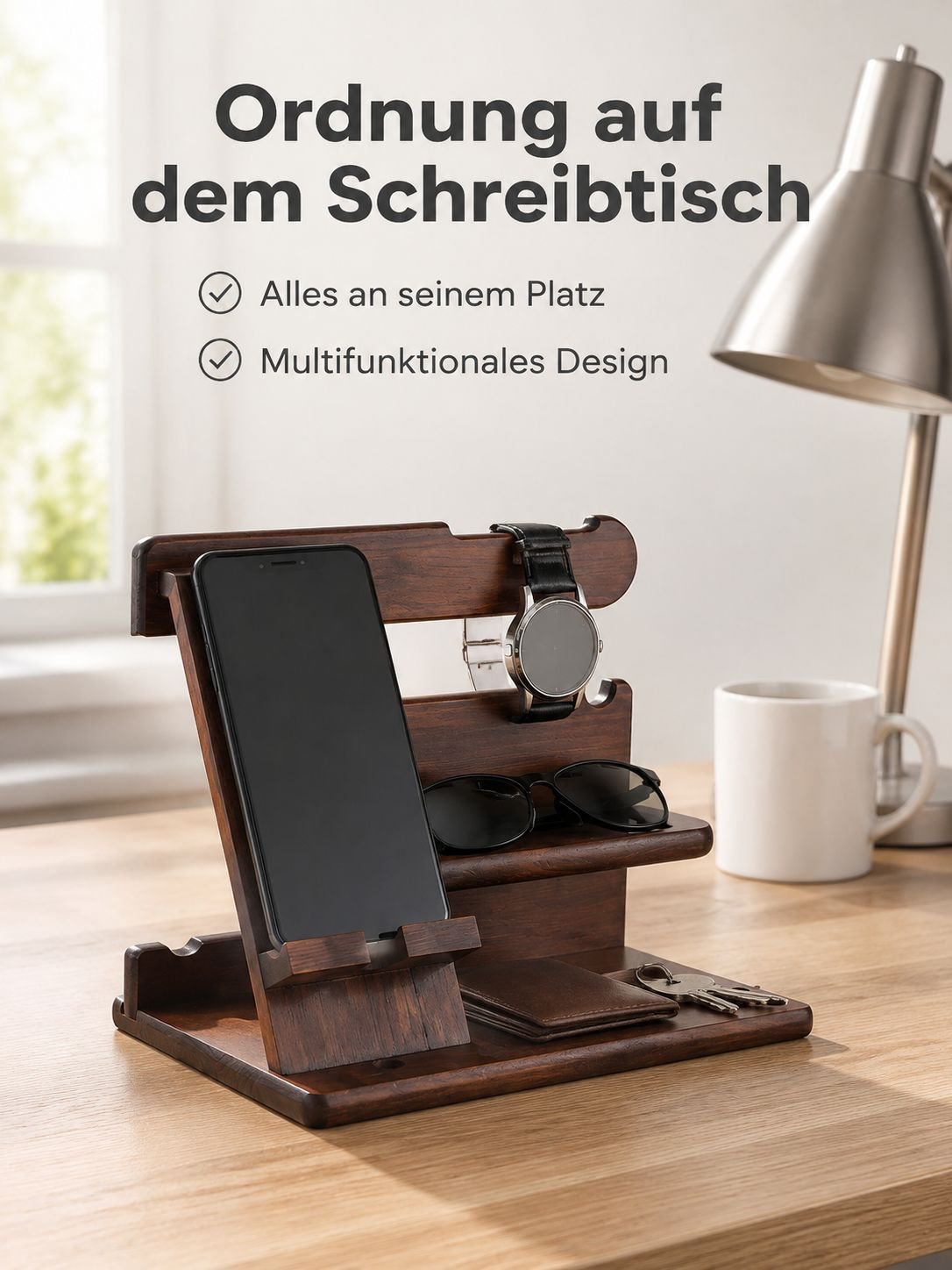 Handyhalter und Organizer aus Massivholz für Büro, Schlüssel- und Uhrenständer