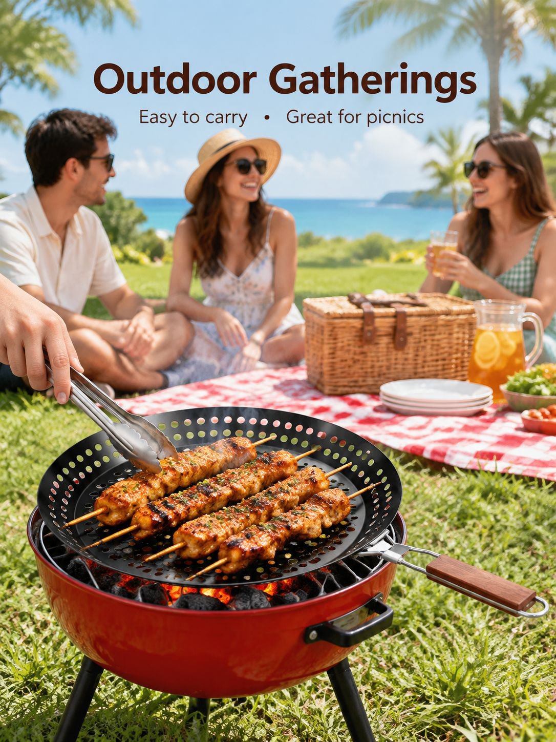Portable hollow folding handle barbecue plate