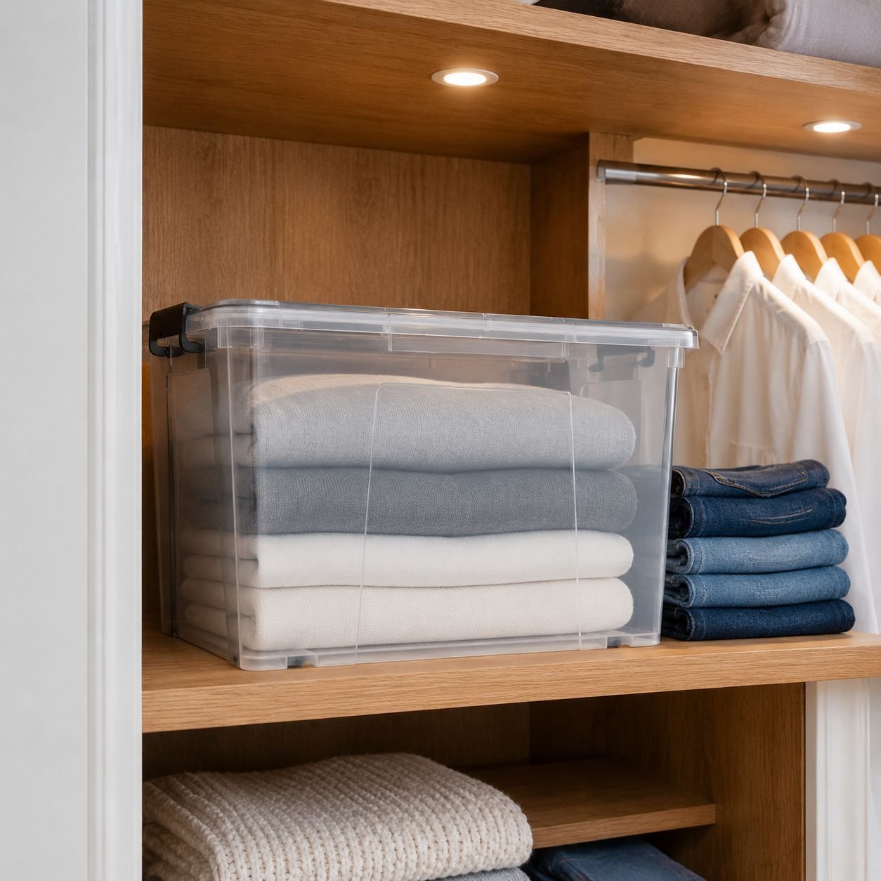 Large clear plastic storage box for home organization