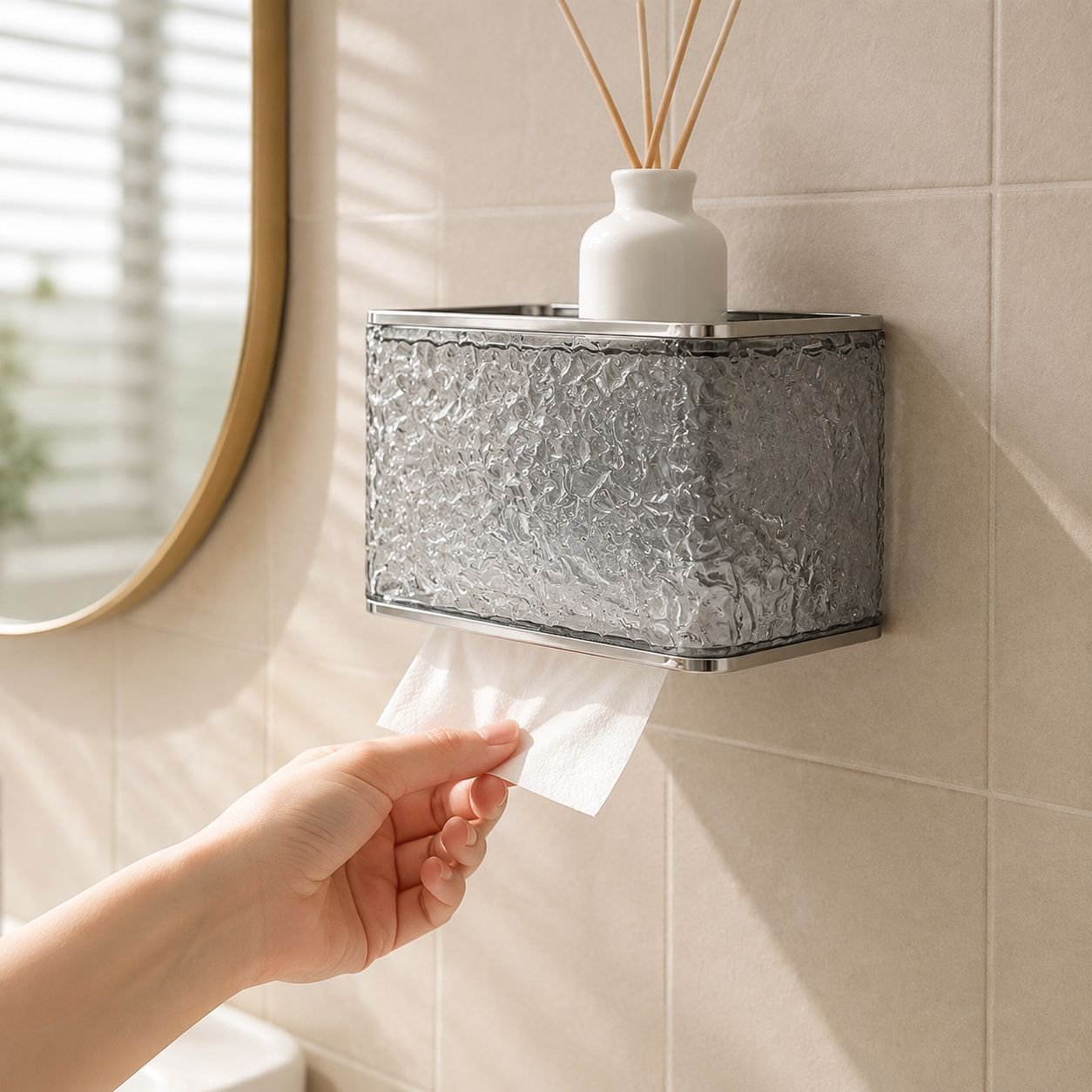Space-saving wall mounted tissue holder