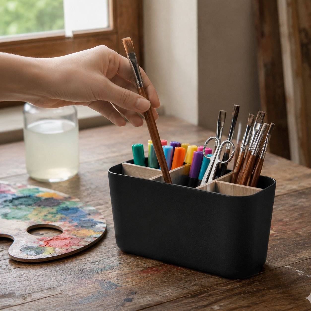 Bamboo and wood desktop multi-compartment office storage box with detachable compartments