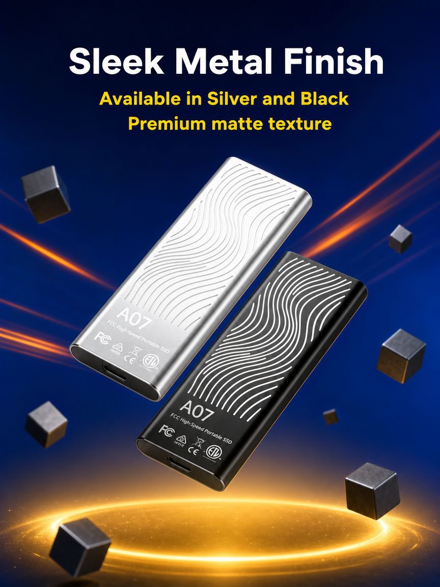 Portable SSD beside various digital devices