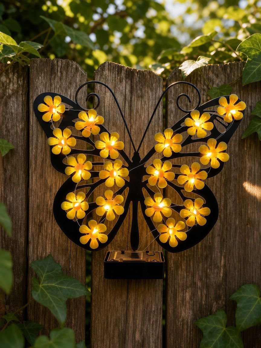Durable solar butterfly garden wall light mounted on outdoor fence