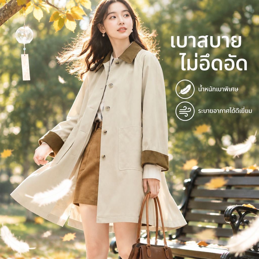 เสื้อโค้ทยาวผู้หญิง สีคากี สไตล์ญี่ปุ่น สำหรับฤดูใบไม้ผลิและใบไม้ร่วง