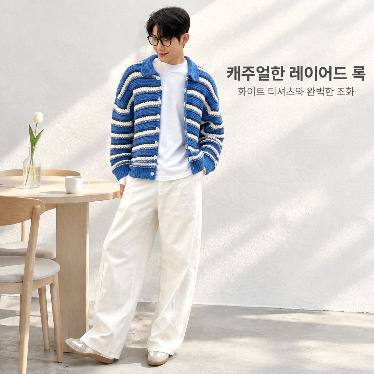 남성용 블루 앤 화이트 줄무늬 카라 니트 가디건 가을 시즌 너플한 멋이 있는 스웨터 상의