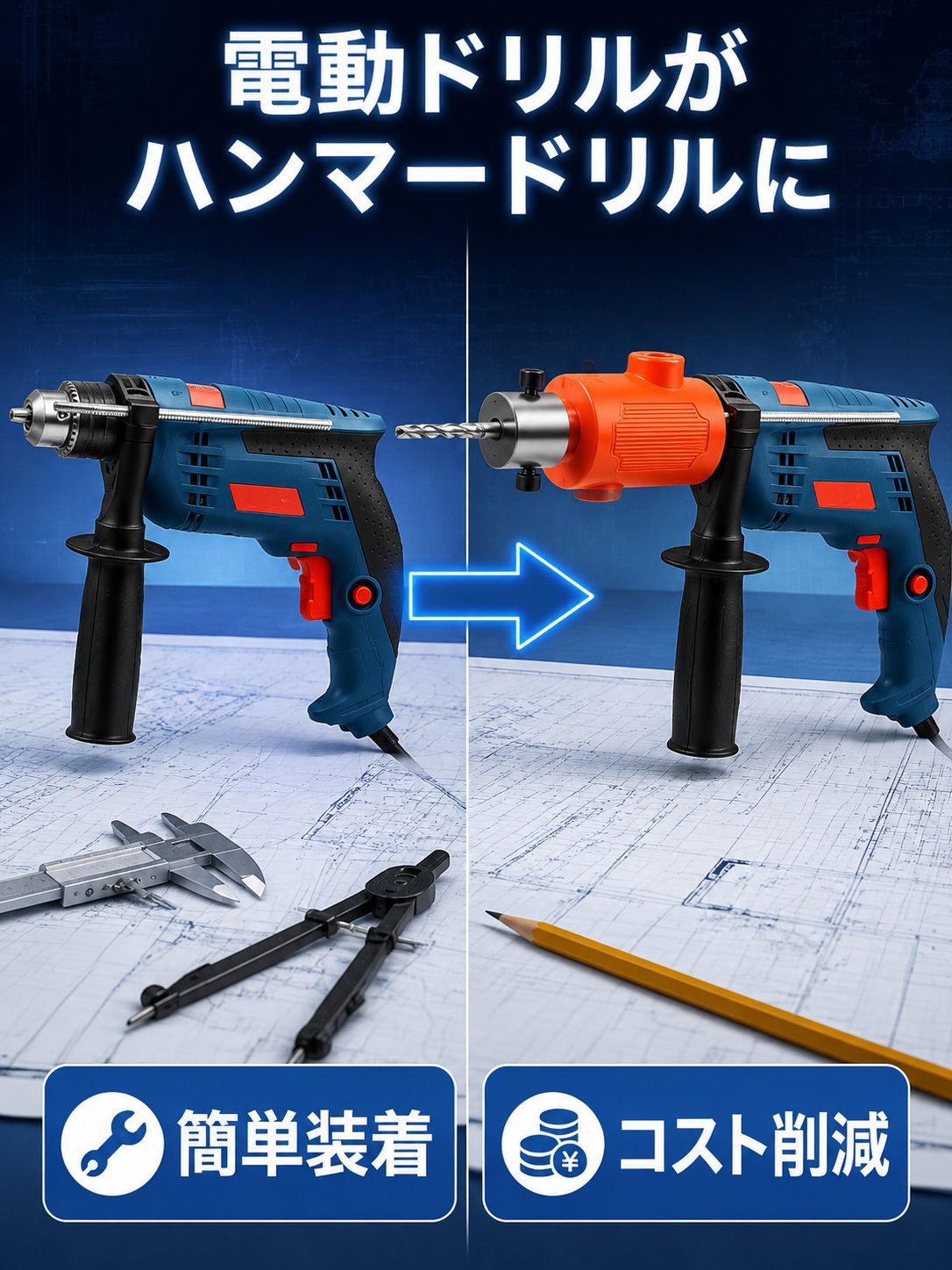 手持ドリル用小型軽量電動ハンマー変換ヘッド