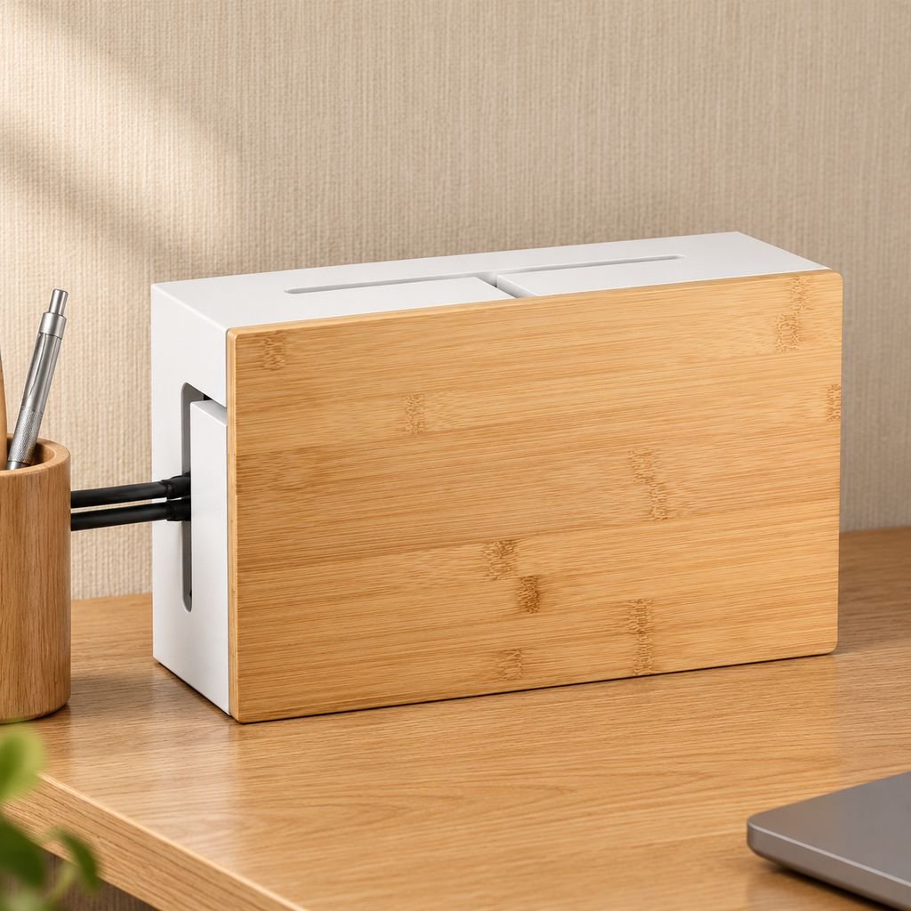 デスク下の電源コードを整理する木製ケーブルボックス