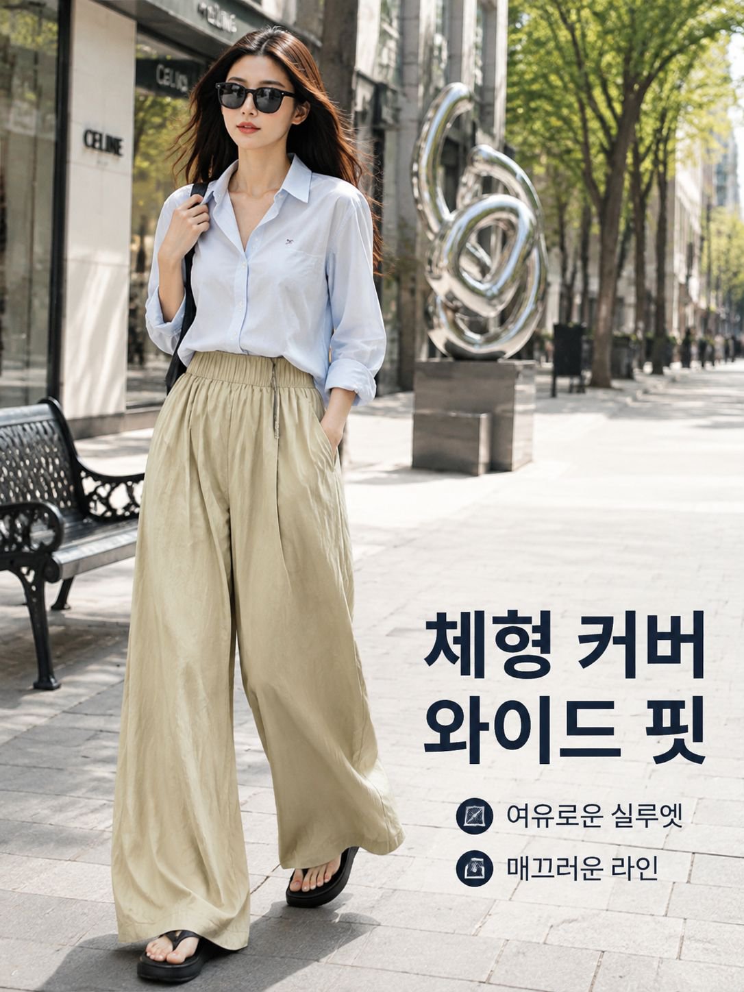 여름 얇은 하이웨스트 주름 와이드 스트레이트 팬츠