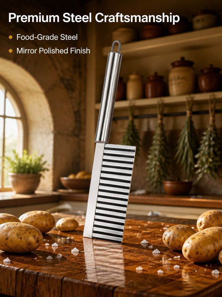 Stainless steel crinkle cut knife for making wavy potato slices