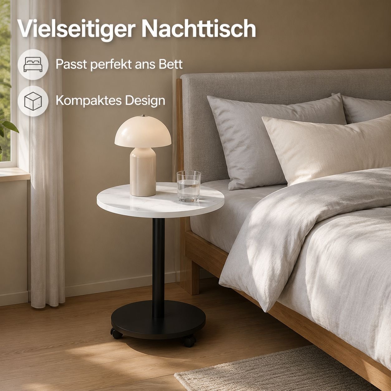 Einfacher kleiner runder Tisch für den Heimgebrauch, als Beistelltisch neben dem Sofa oder als Nacht