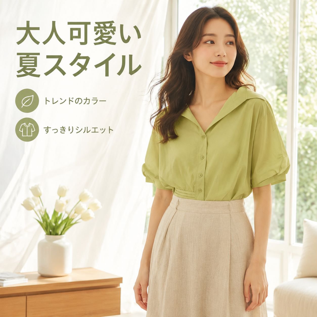 夏のドーパミン風グリーン半袖シャツ レディース 小柄向け可愛いショート丈シャツ