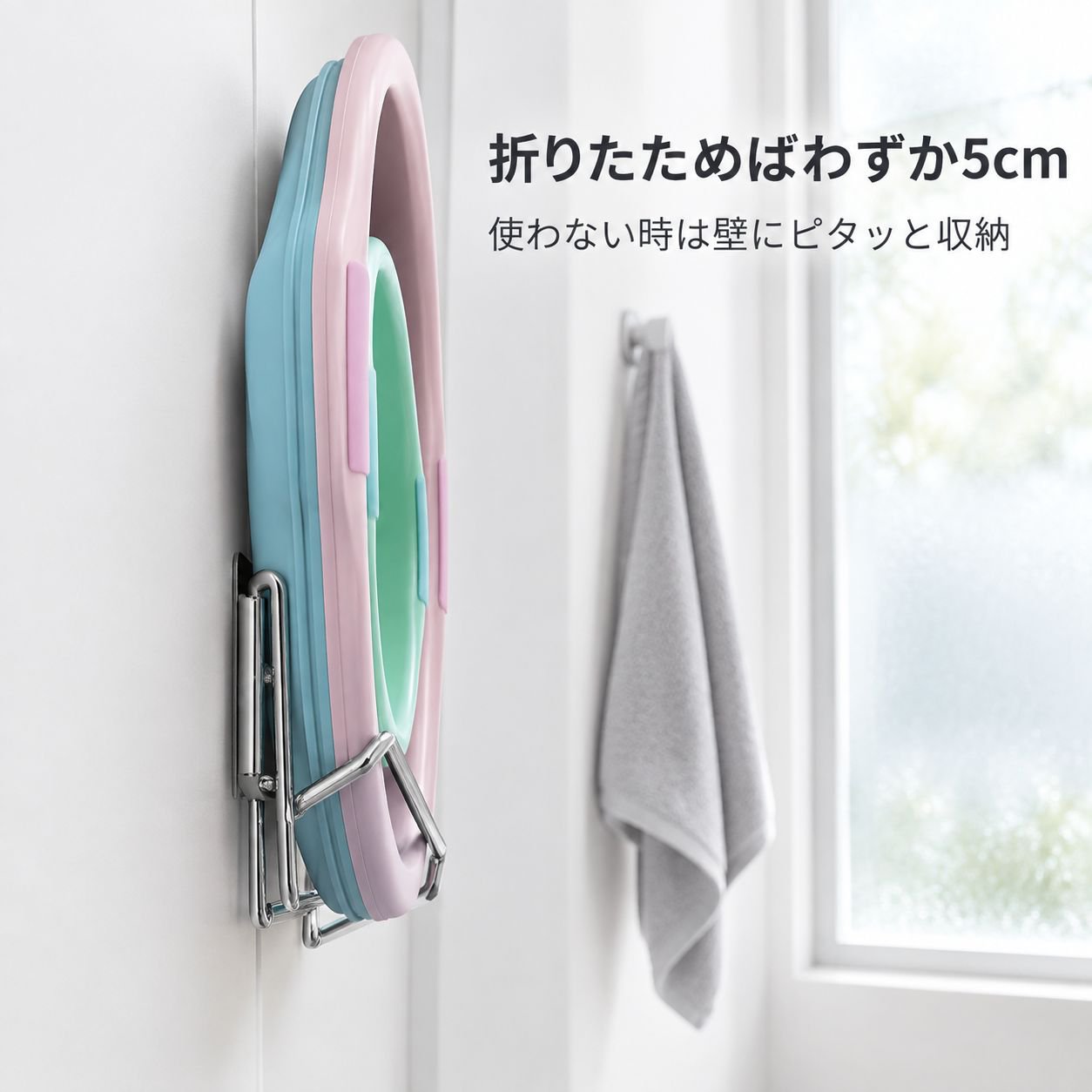 ステンレス製折りたたみ洗面器ラック 穴あけ不要 壁掛け式浴室収納ラック