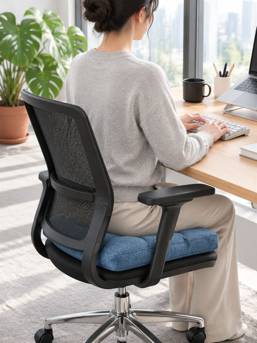 Thick breathable office seat cushion on ergonomic chair