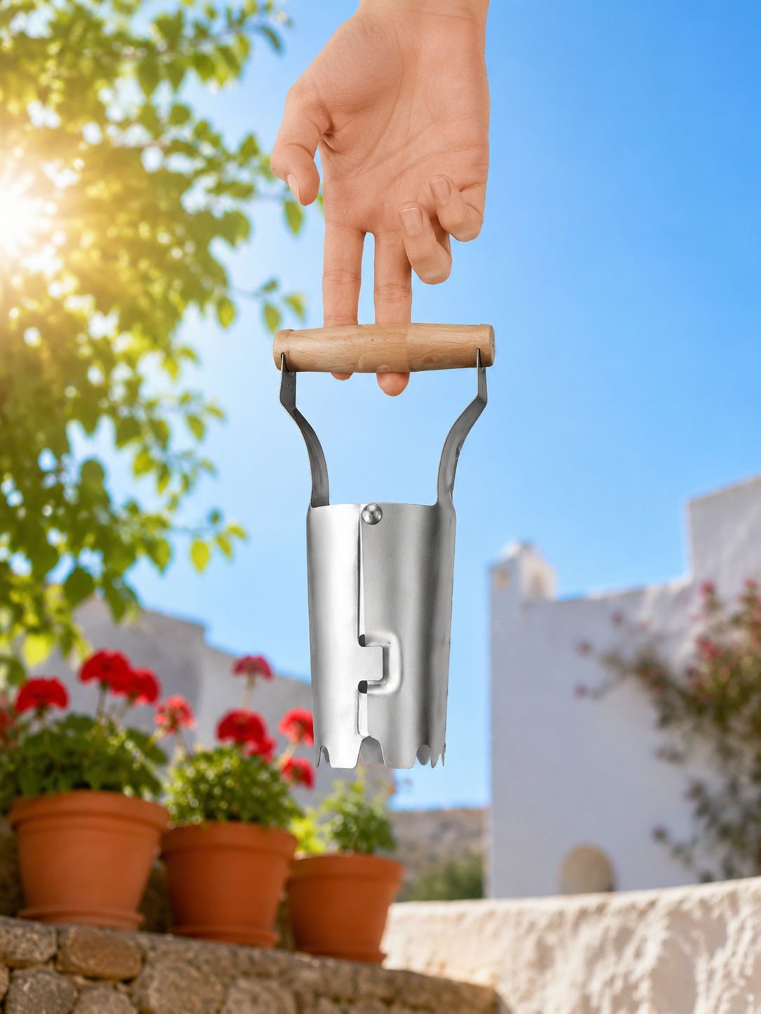 Herramienta para hacer agujeros y plantar plántulas en el huerto
