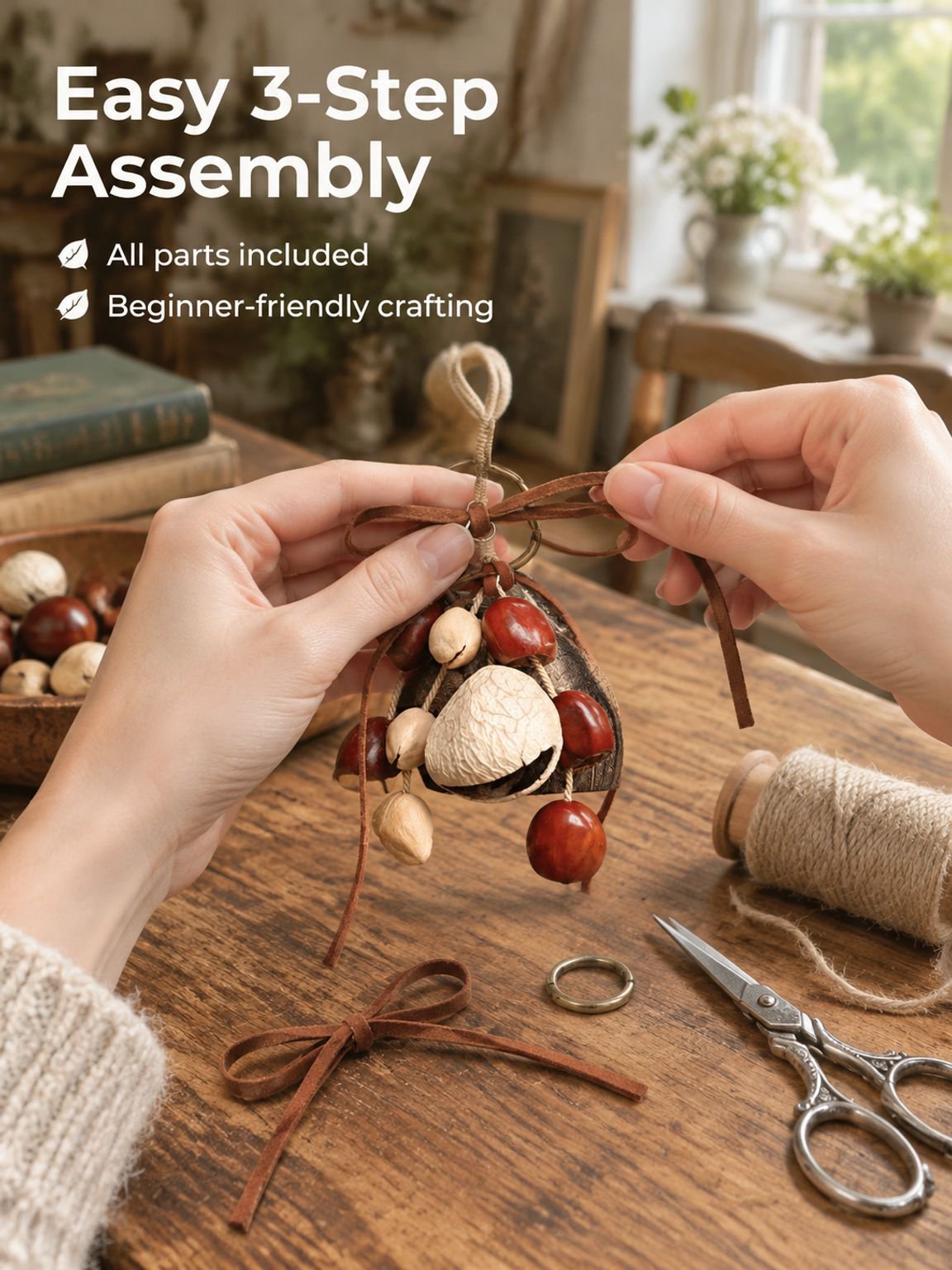 Handmade natural seed rattle bag charm made with nut shells