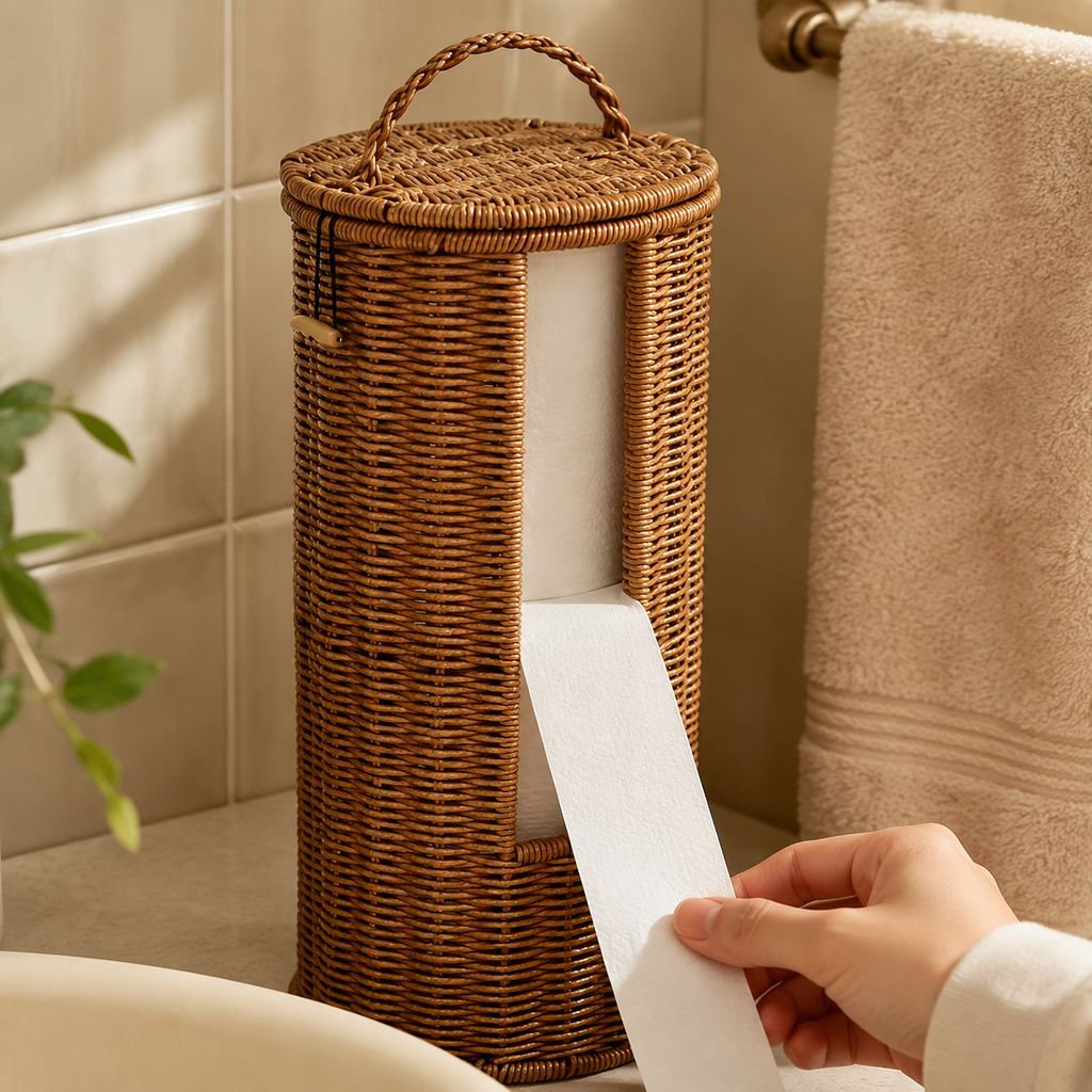 Storage bin holding toilet paper rolls and towels