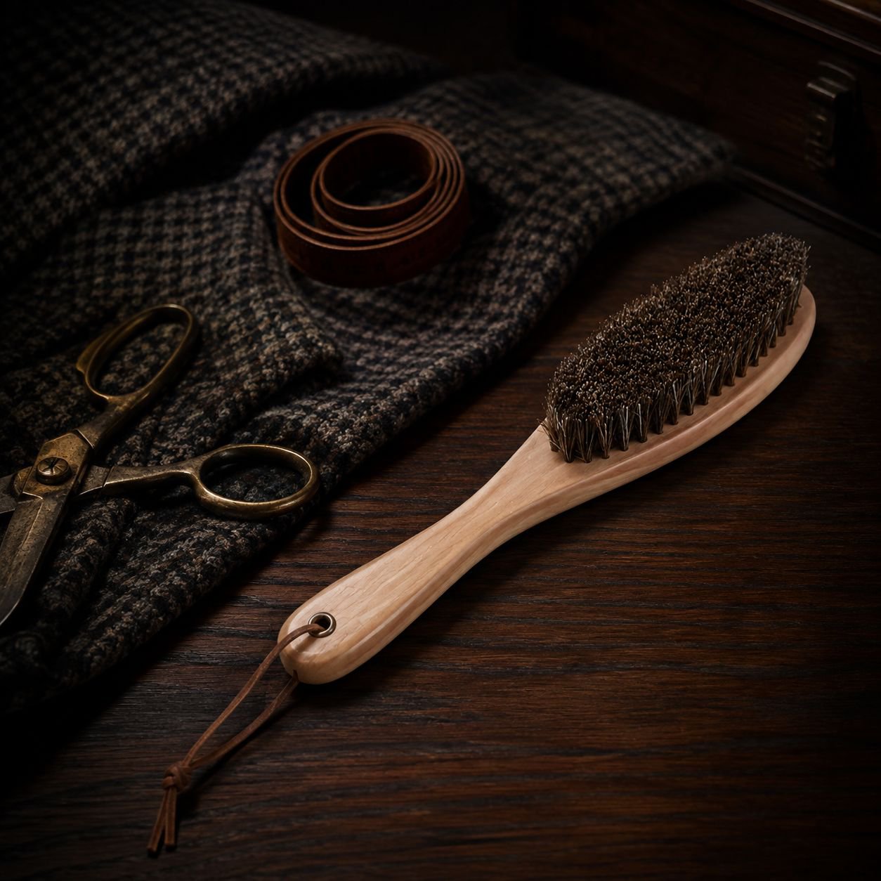 Utilisation de la brosse sur un manteau en laine gris
