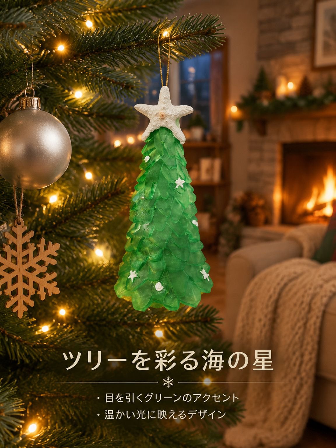 翡翠色ヒトデのクリスマス用レジンオーナメント