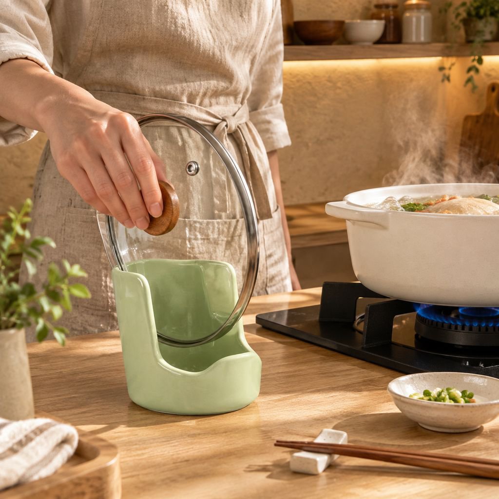 家庭用セラミック製キッチン鍋蓋ラック、カウンタートップ用スープスプーン・ご飯スプーンラック、収納ラック、テーブルトップ用四角スプーン・ご飯スプーンホルダー。