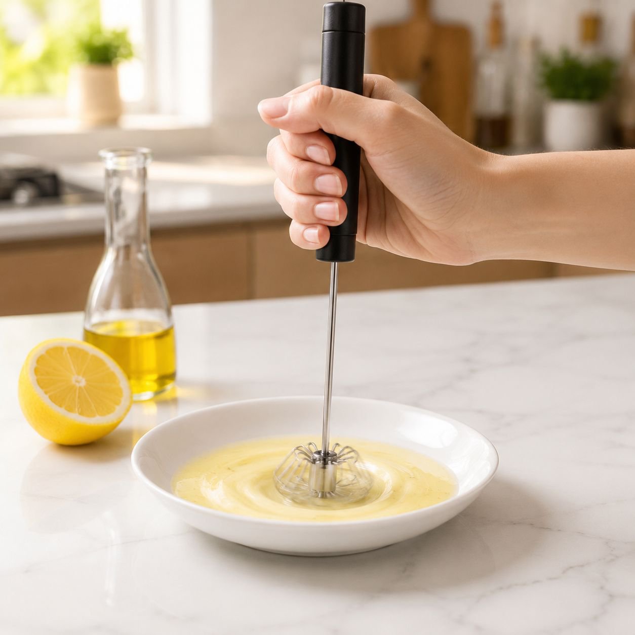 Egg beater whisking batter for pancakes