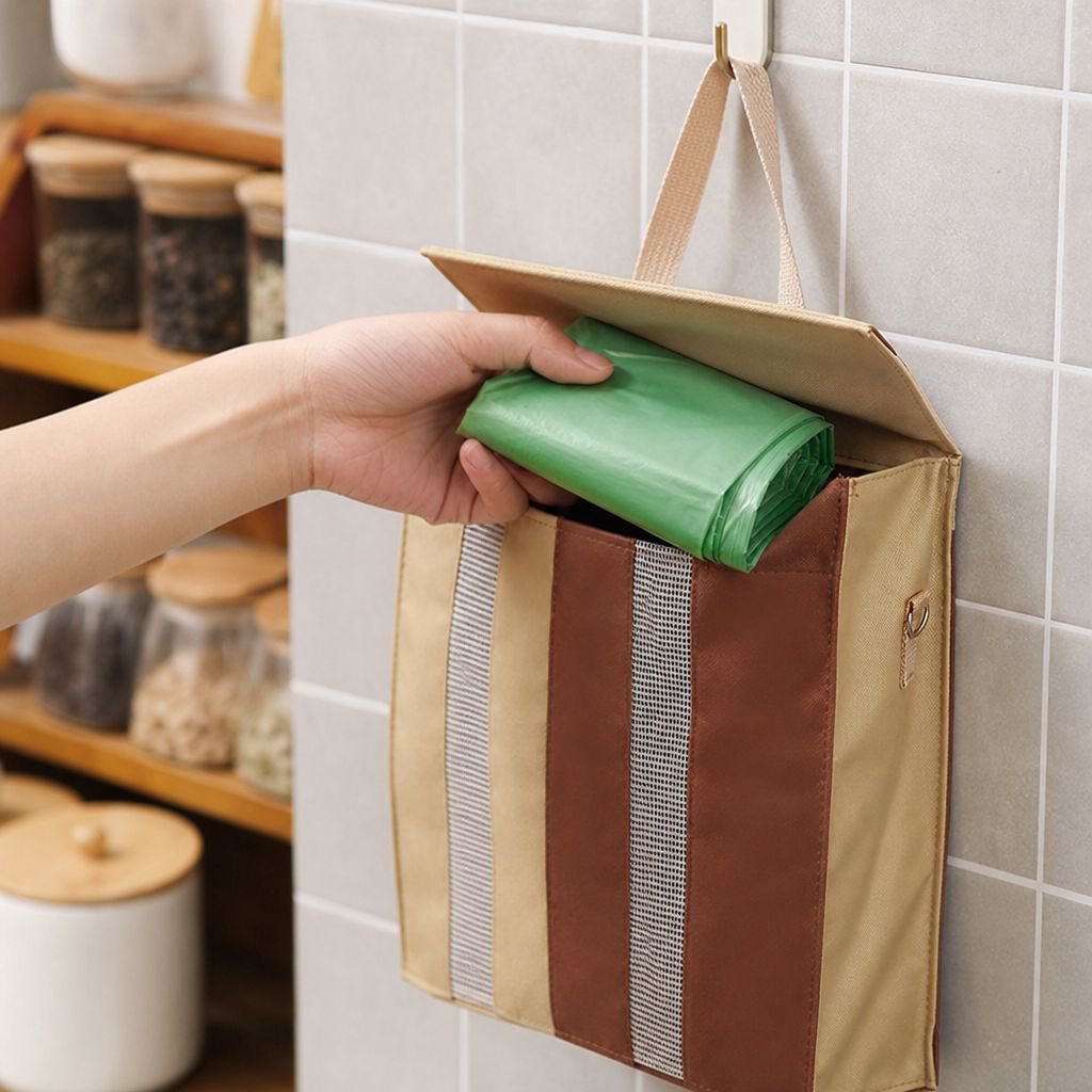 Easy-access trash bag dispenser on wall