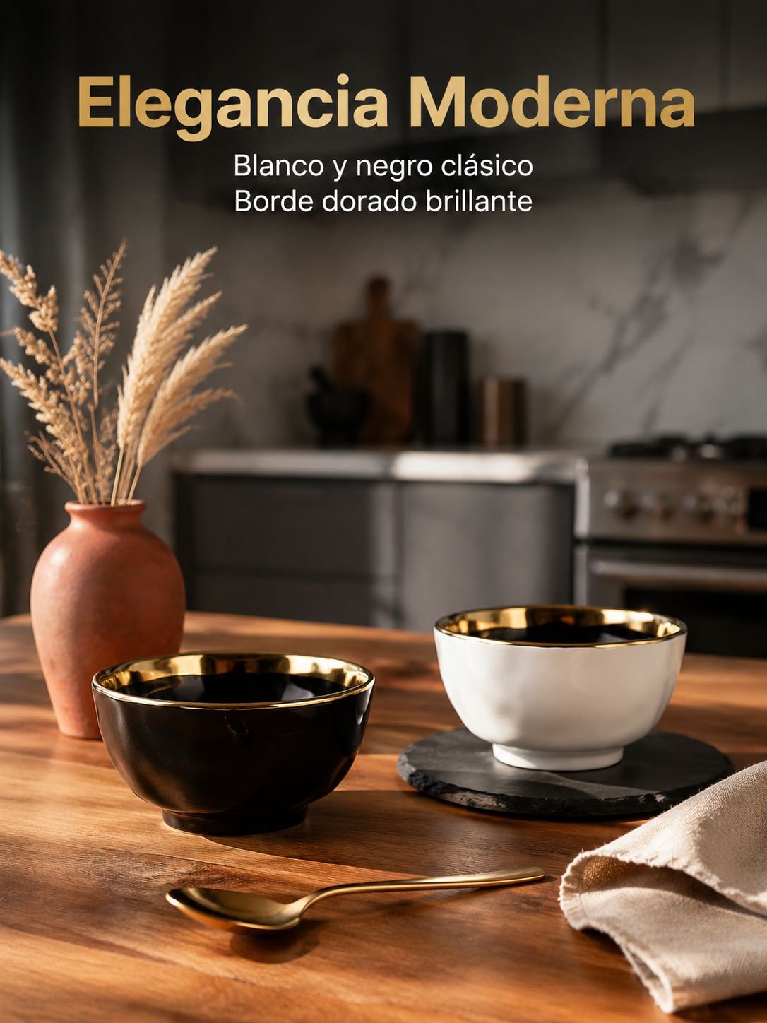 Cuenco redondo de porcelana con borde dorado