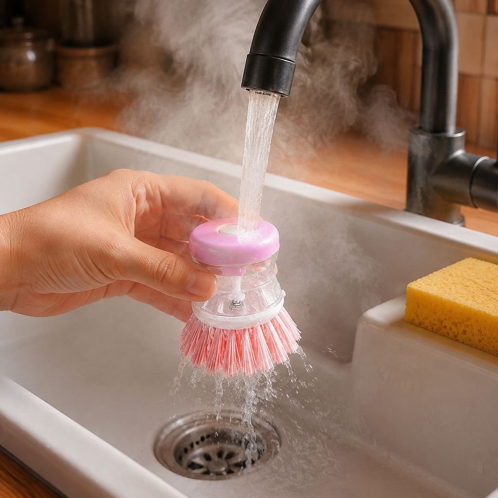 Easy-to-use plastic cleaning gadget on kitchen counter