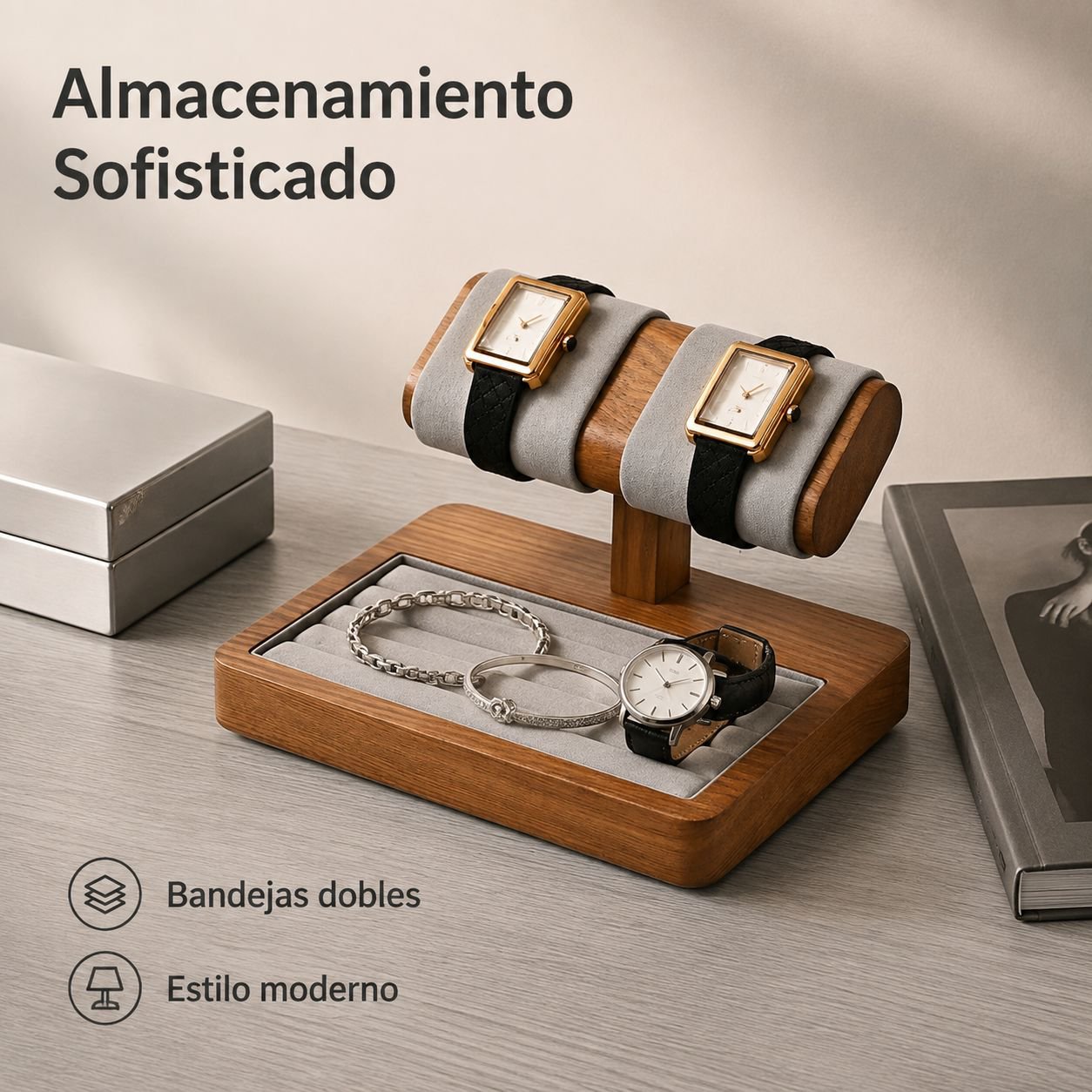 Estante de madera maciza para exhibir relojes y pulseras.