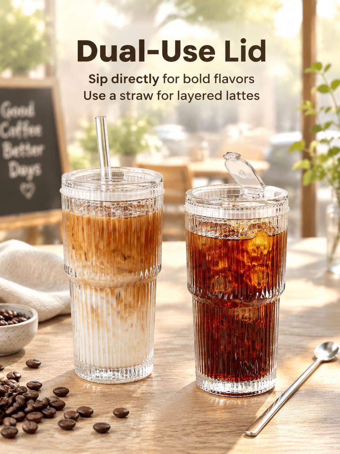 Transparent glass cup with vertical stripe details