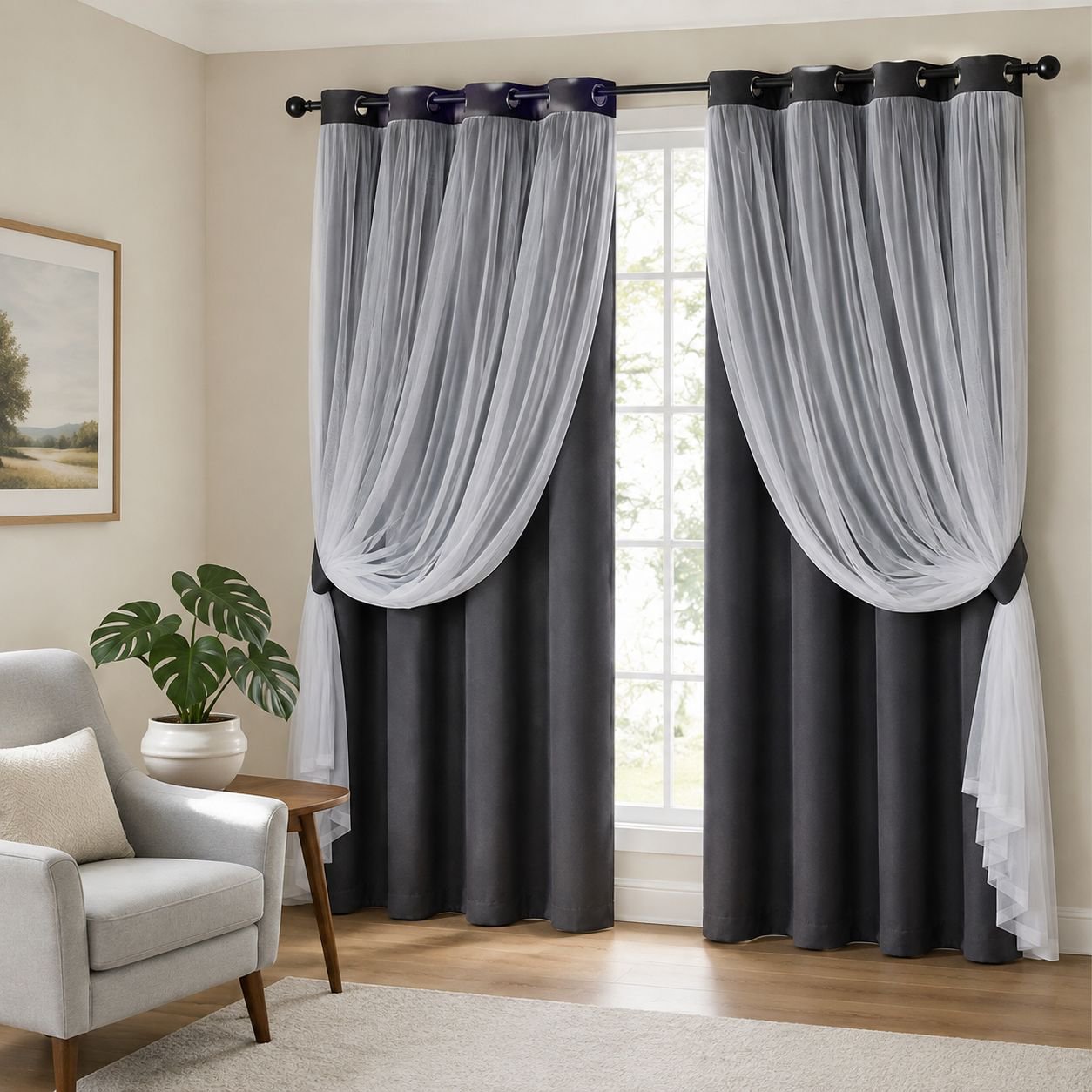 Finished Double Layer Blackout Curtain with Lace Trim