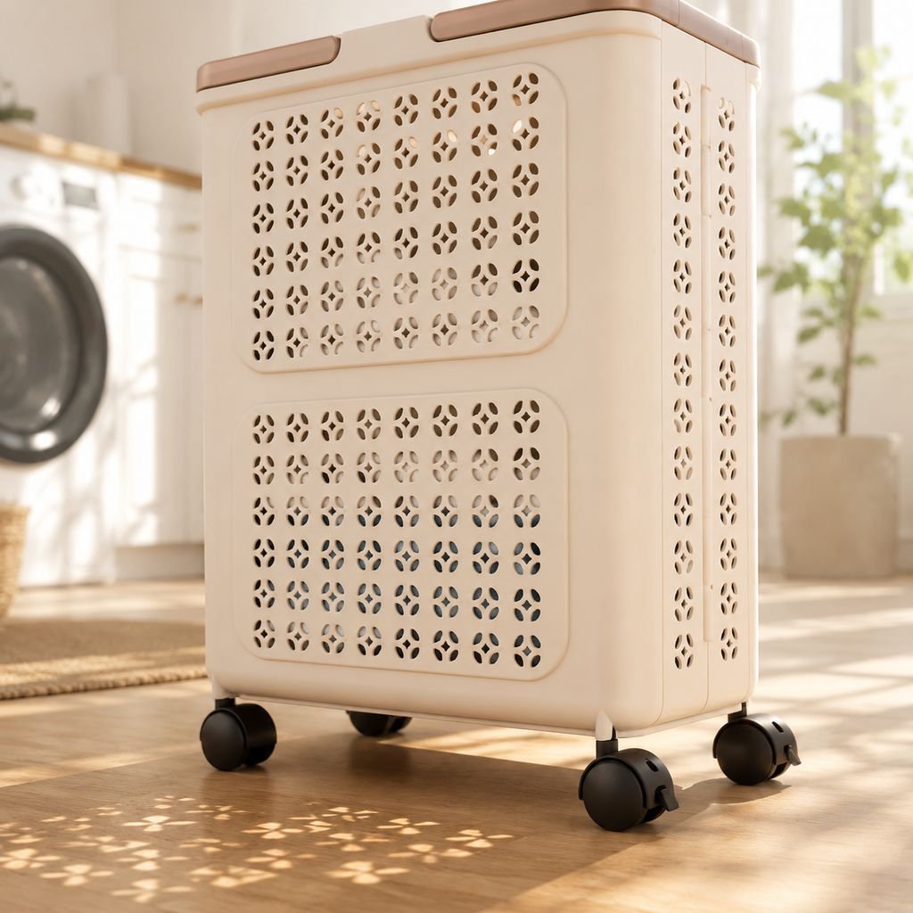 Cesto de ropa grande con ruedas en dormitorio moderno