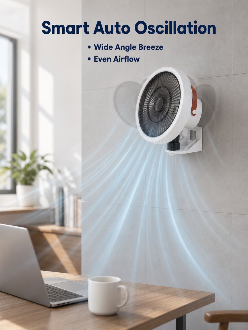 Wall Mounted Fan No-Drill with LED Light 3-in-1 Remote Wireless Auto Oscillation