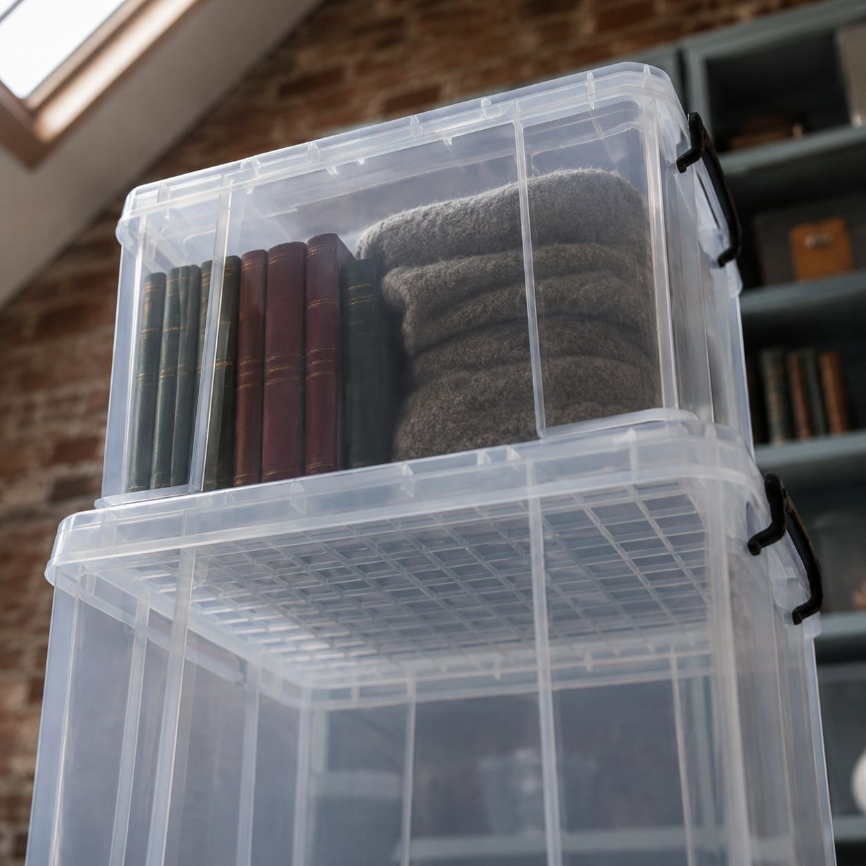Clear right-angle storage box showing spacious interior