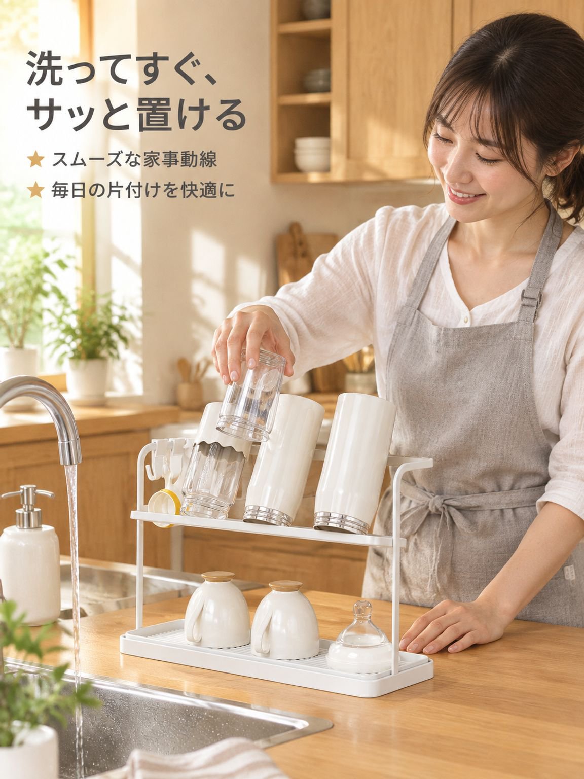 キッチンデスクトップ二層逆さ排水カップラック茶器収納ラック