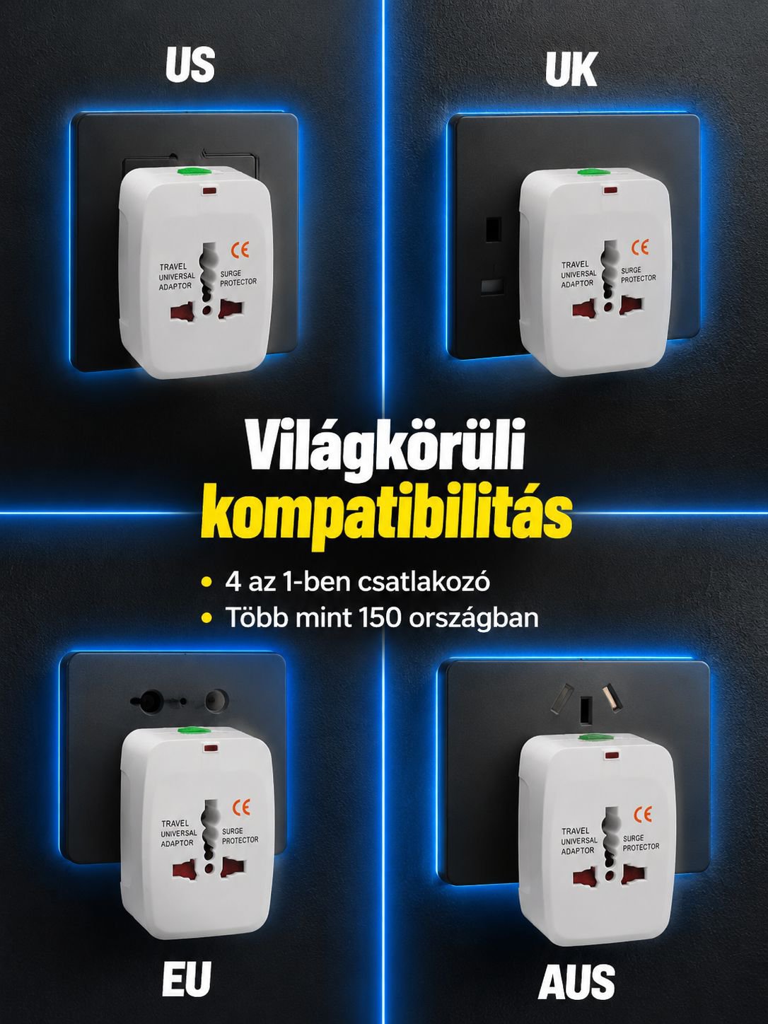Utazási univerzális adapter többféle csatlakozóval