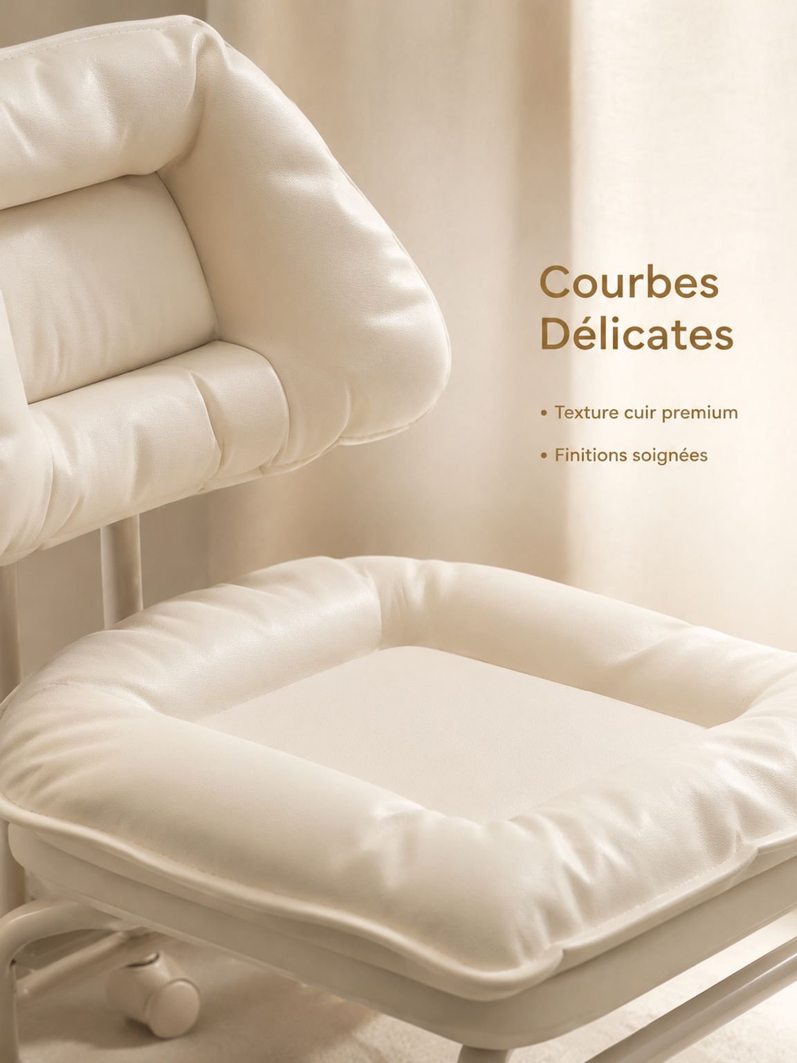 Vue détaillée de l'assise rembourrée de la chaise nuage à roulettes.