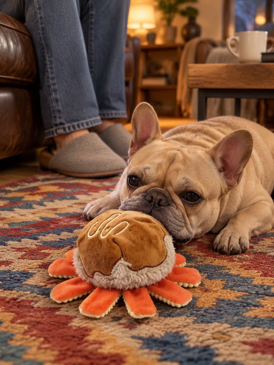 Perro feliz mordiendo la pelota Takoyaki