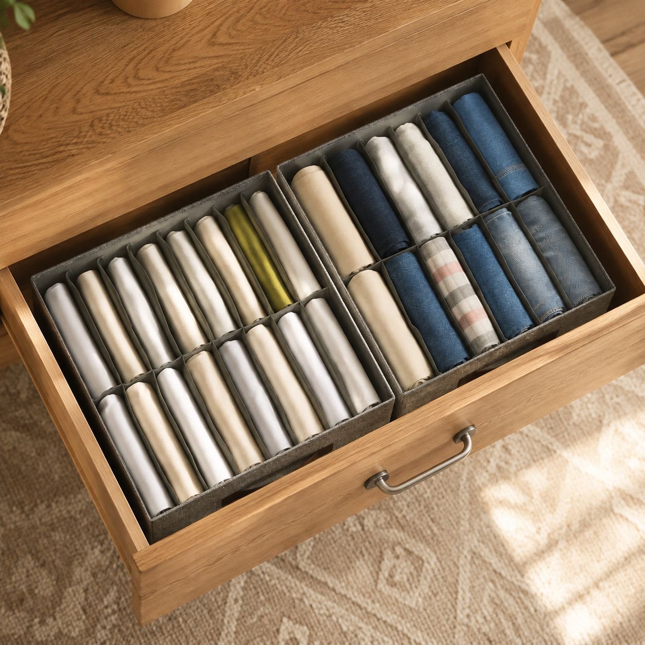 Multifunctional Wardrobe Clothes Organizer neatly storing shirts and pants