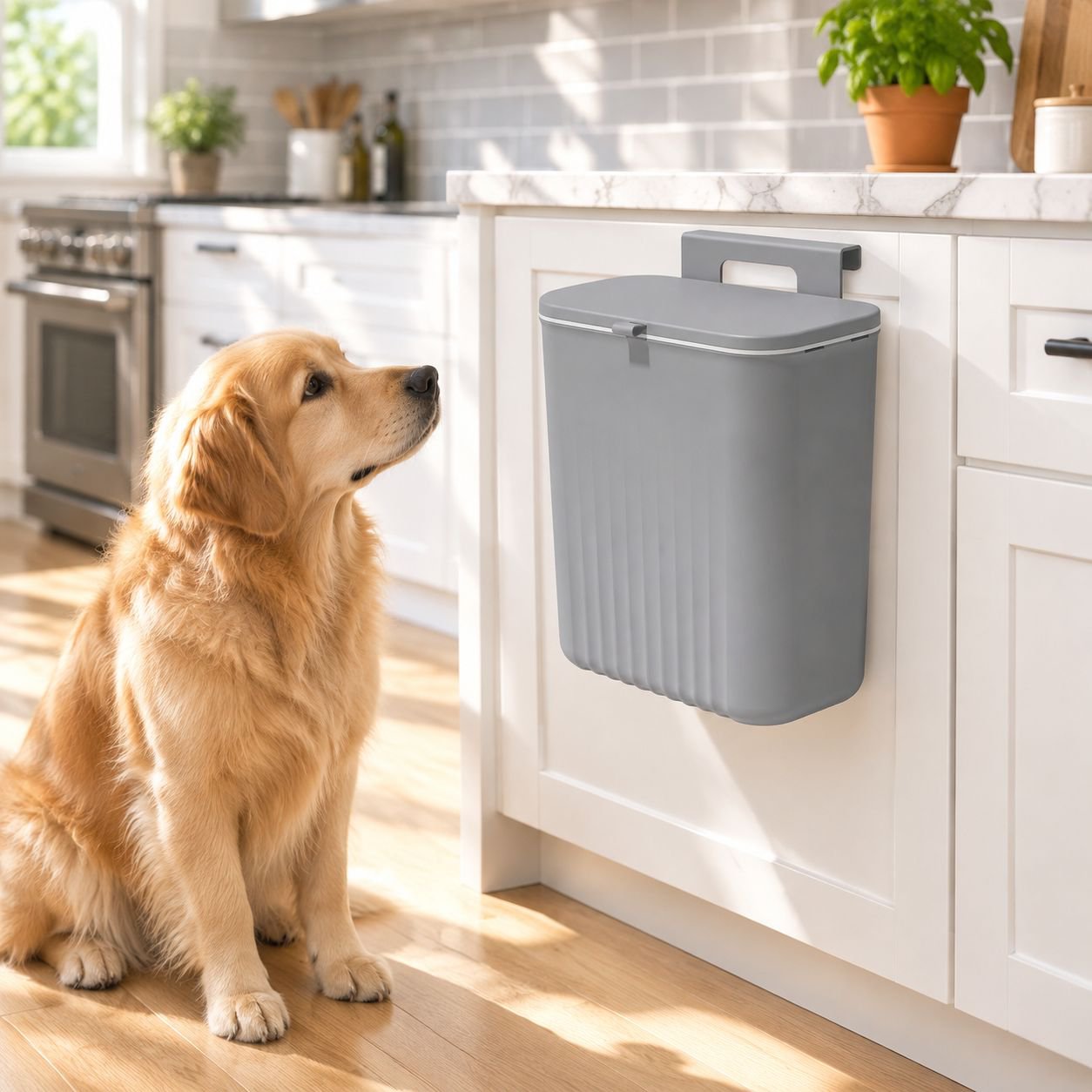 Compact trash can installed on a wall under the counter