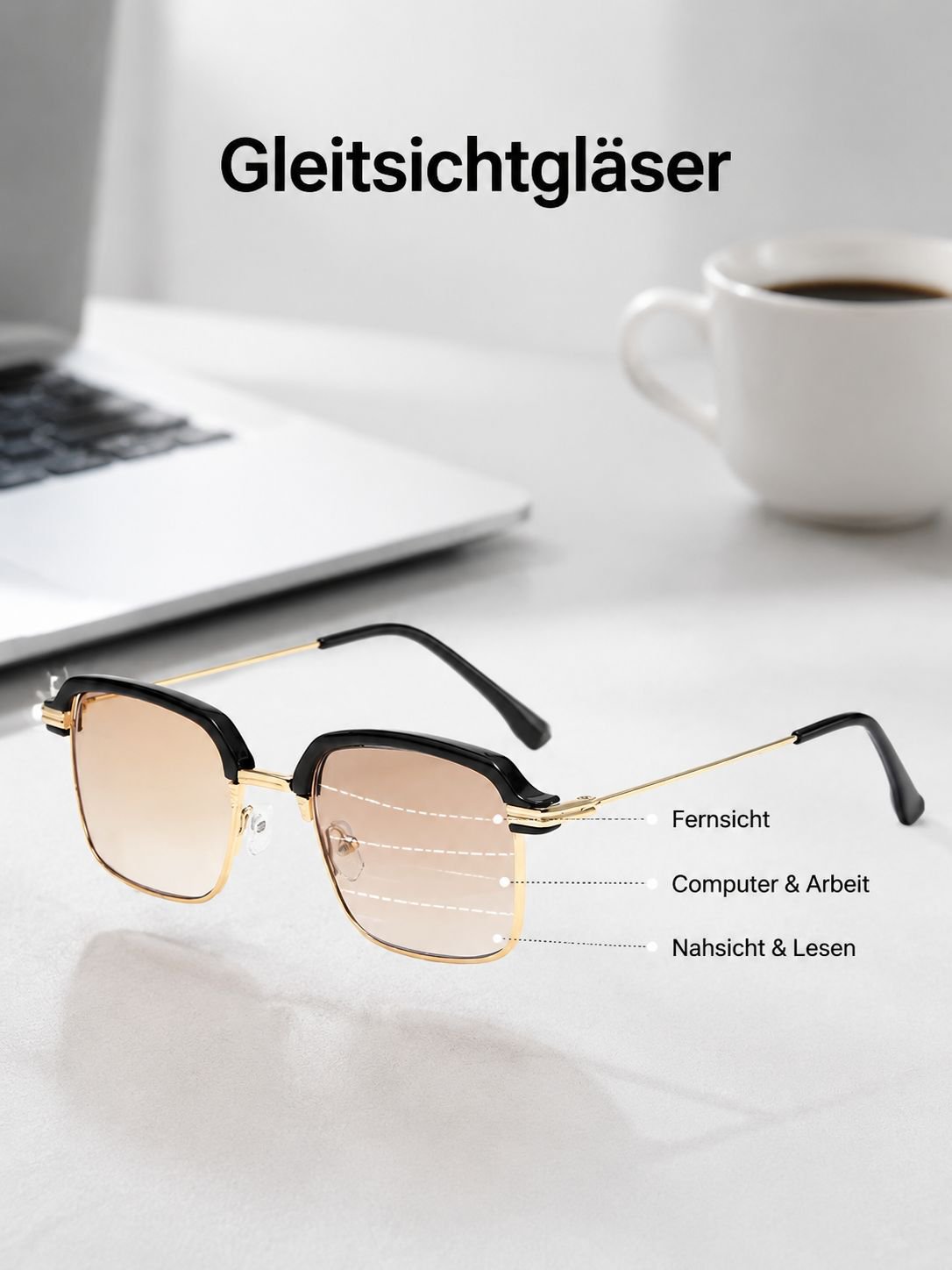 Progressive Lesebrille mit Teegläsern für Nah- und Fernsicht