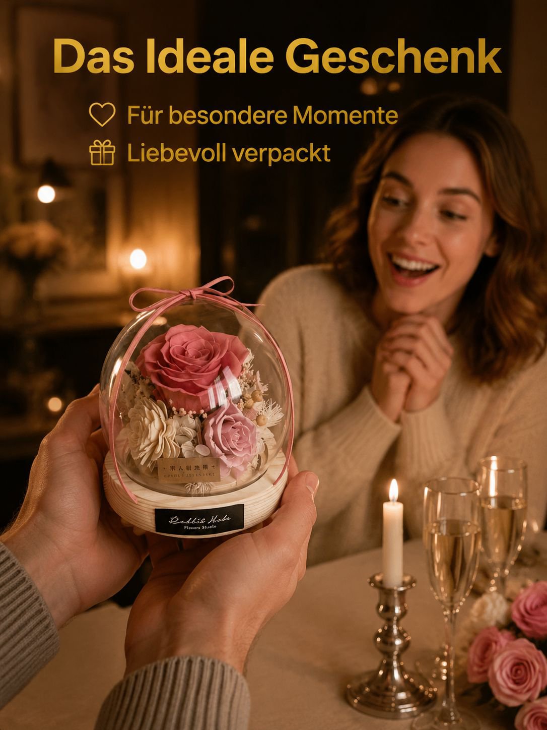 Ewiger Blumenstrauß unter Glashaube