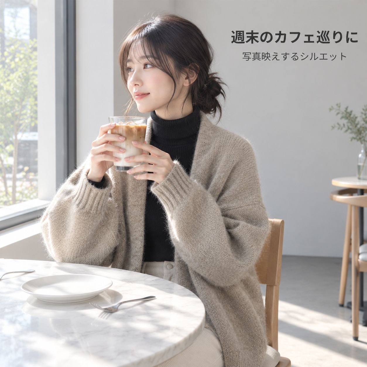 パフスリーブ無地ゆったりニットカーディガン レディース 秋冬新作