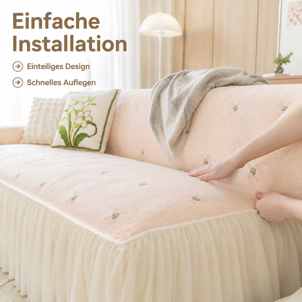 Vollständige Sofahusse mit Spitzenrüschen, Chenille-Stoff im Cream-Stil