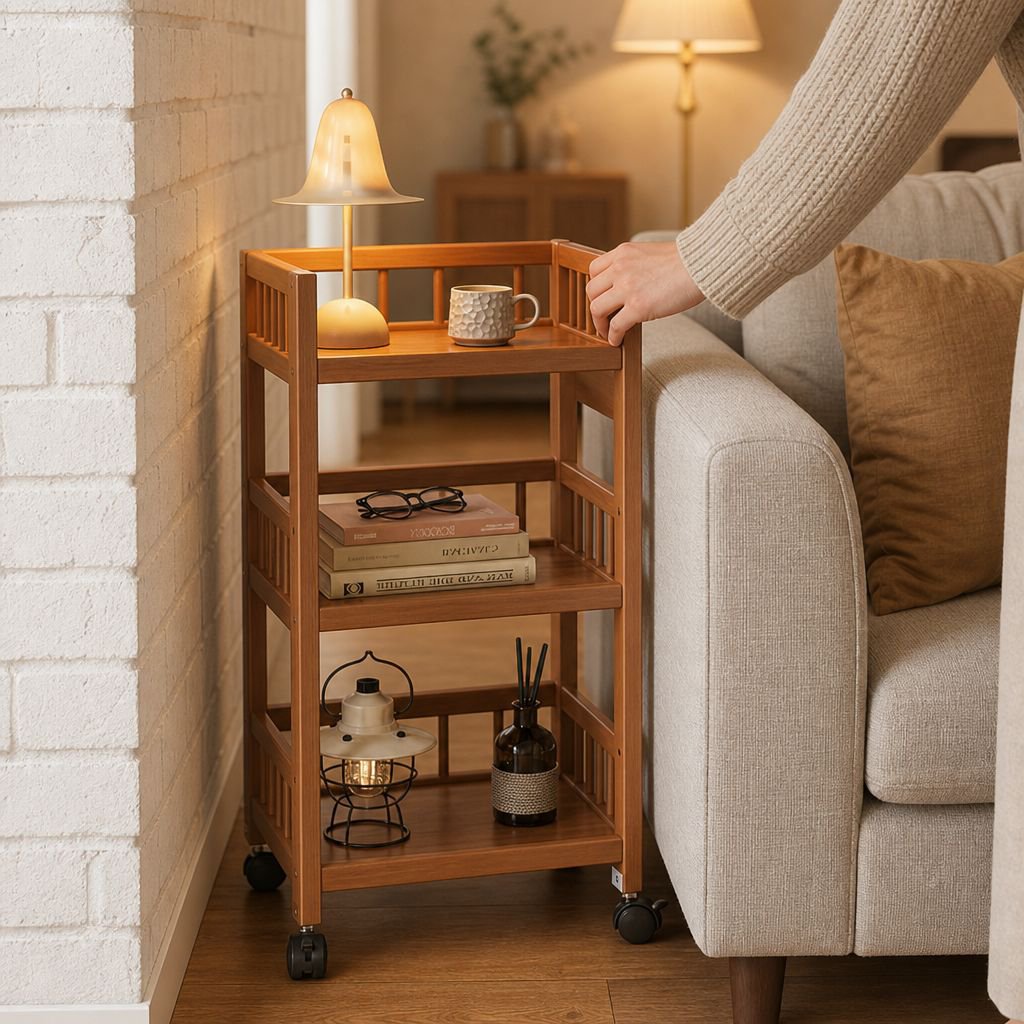Household movable storage rack trolley living room simple sofa side table snack rack solid wood tea 