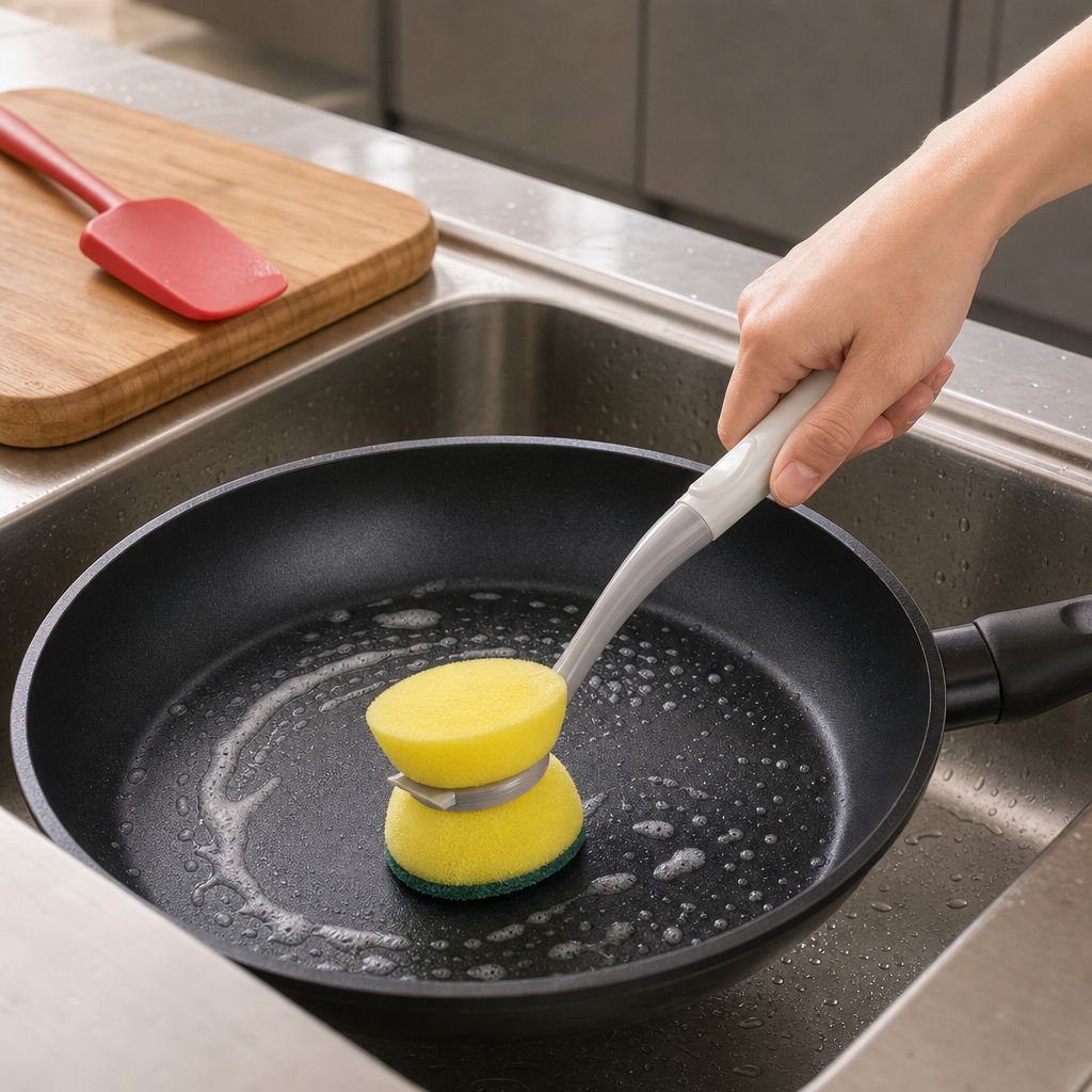 Close-up of durable sponge brush for cleaning pans